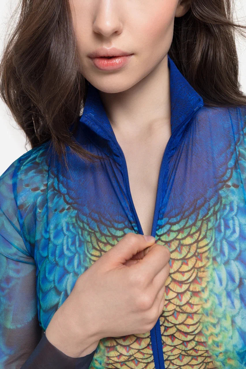 Zipper Swimsuit with Sleeves Peacock
