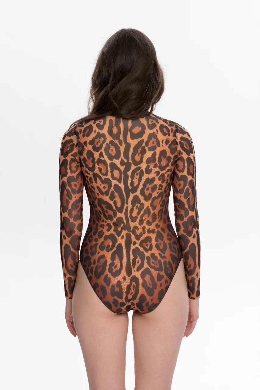 Zipper Swimsuit with Sleeves Leopard