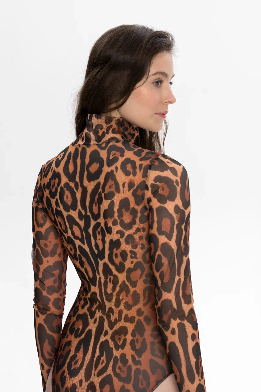 Zipper Swimsuit with Sleeves Leopard