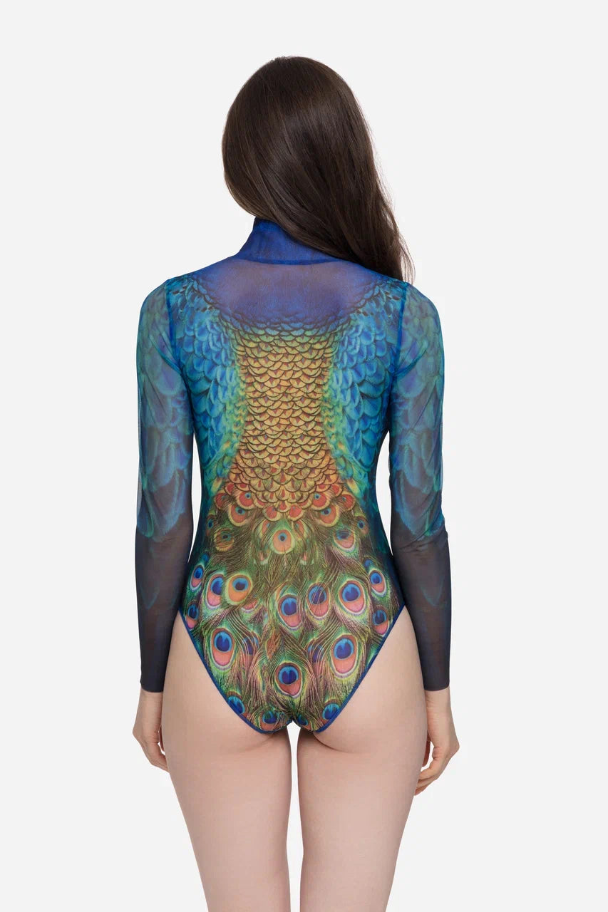 Zipper Swimsuit with Sleeves Peacock