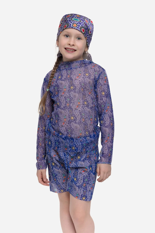 Kids Swimsuit Top with Hood and Shorts Crocodile Purple