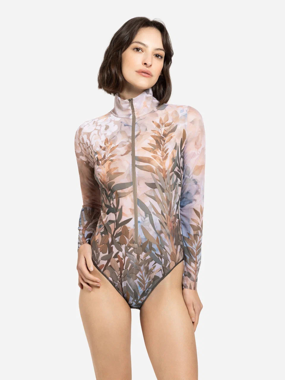 Zipper Swimsuit with Sleeves Olives