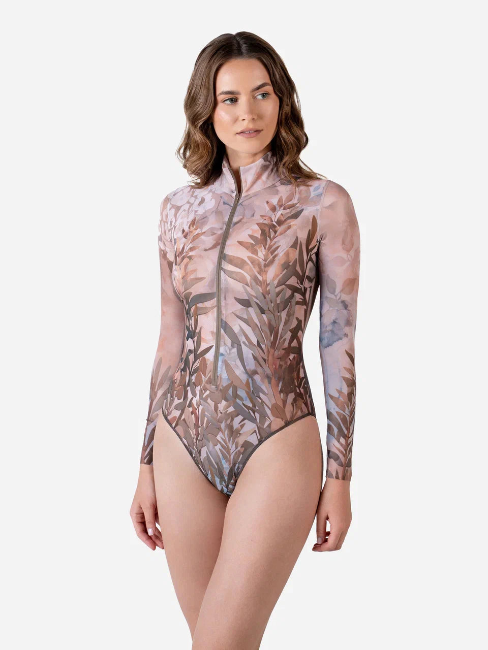 Zipper Swimsuit with Sleeves Olives
