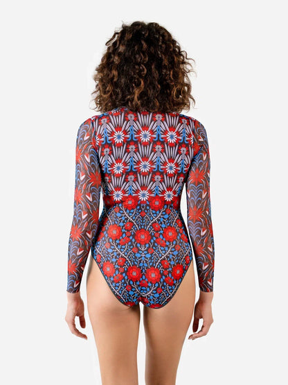 Zipper Swimsuit with Sleeves Medieval Rose