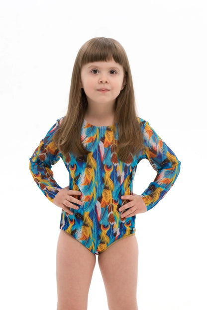 Kids Swimsuit with Sleeves Feathers