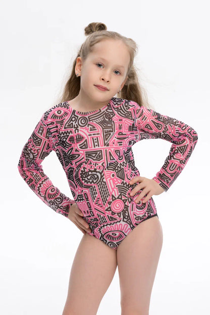 Kids Swimsuit with Sleeves Doodling Fucsia