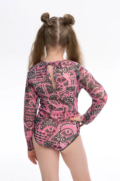 Kids Swimsuit with Sleeves Doodling Fucsia