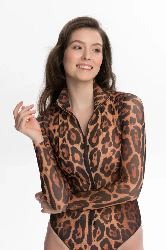 Zipper Swimsuit with Sleeves Leopard