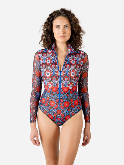 Zipper Swimsuit with Sleeves Medieval Rose