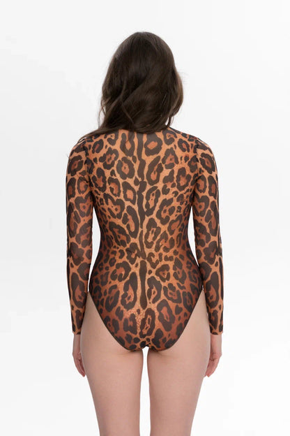 Zipper Swimsuit with Sleeves Leopard