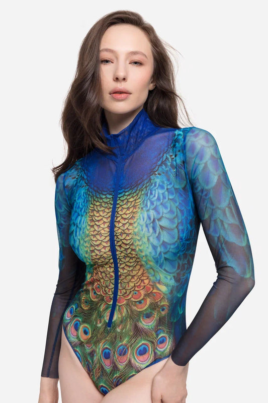 Zipper Swimsuit with Sleeves Peacock